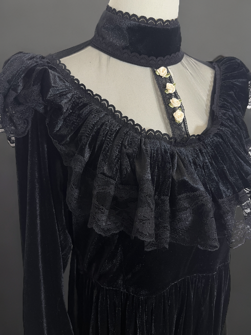 Gothic Black Velvet Dress Long Sleeve s with Floral Accents - Victorian Style Dress with Lace Accents Plus Size